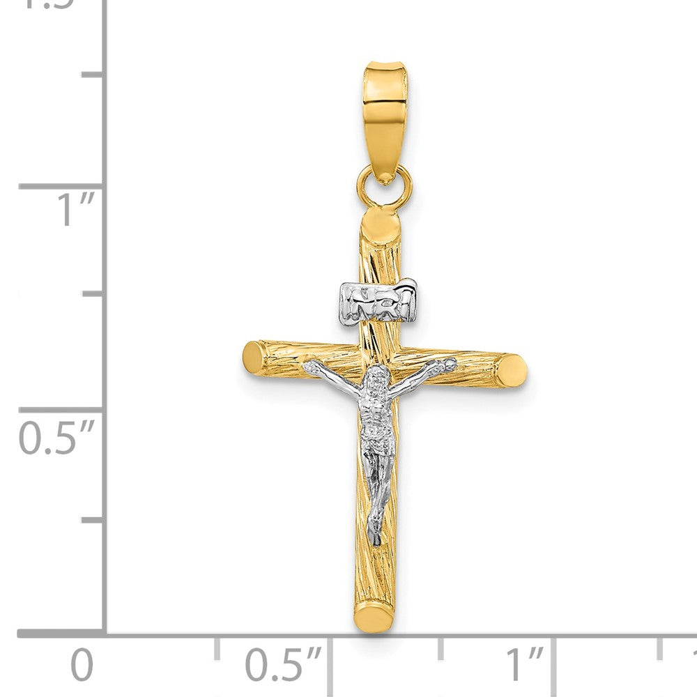 14k Yellow & Rhodium 16.25 mm w/White Rhod Polished & Textured INRI Crucifix Cross Pendant (1.2 grams)