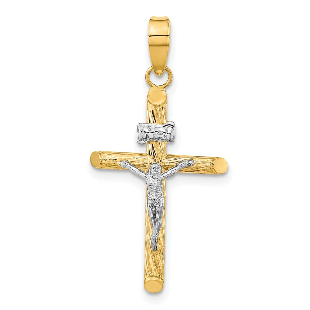 14k Yellow & Rhodium 16.25 mm w/White Rhod Polished & Textured INRI Crucifix Cross Pendant (1.2 grams)