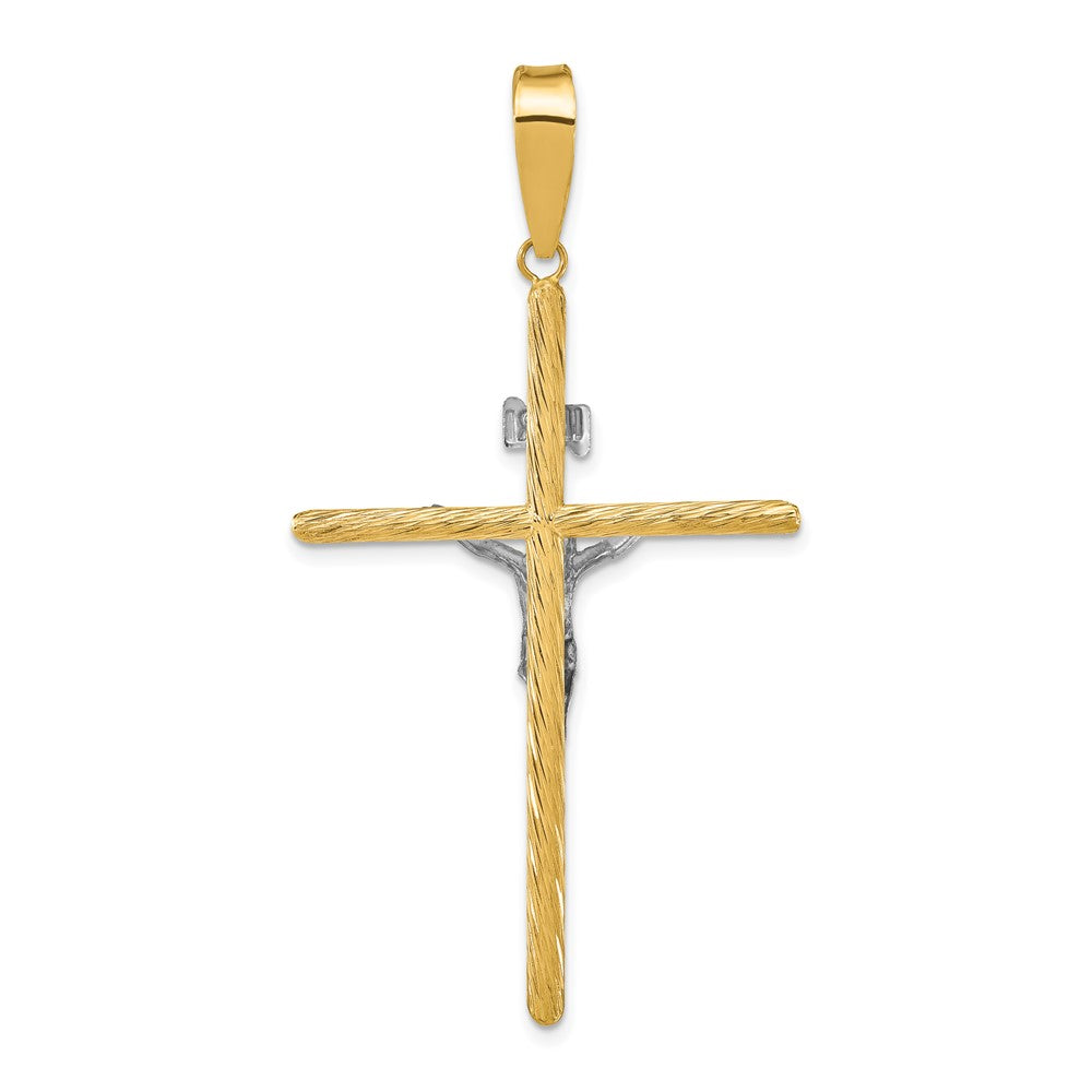14k Yellow & Rhodium 31.75 mm w/White Rhod Polished & Textured INRI Crucifix Cross Pendant (2.13 grams)