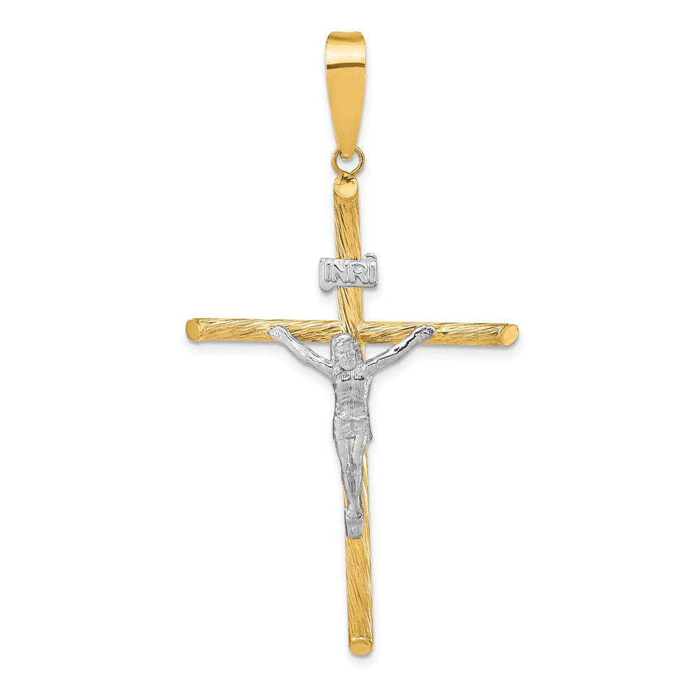 14k Yellow & Rhodium 31.75 mm w/White Rhod Polished & Textured INRI Crucifix Cross Pendant (2.13 grams)
