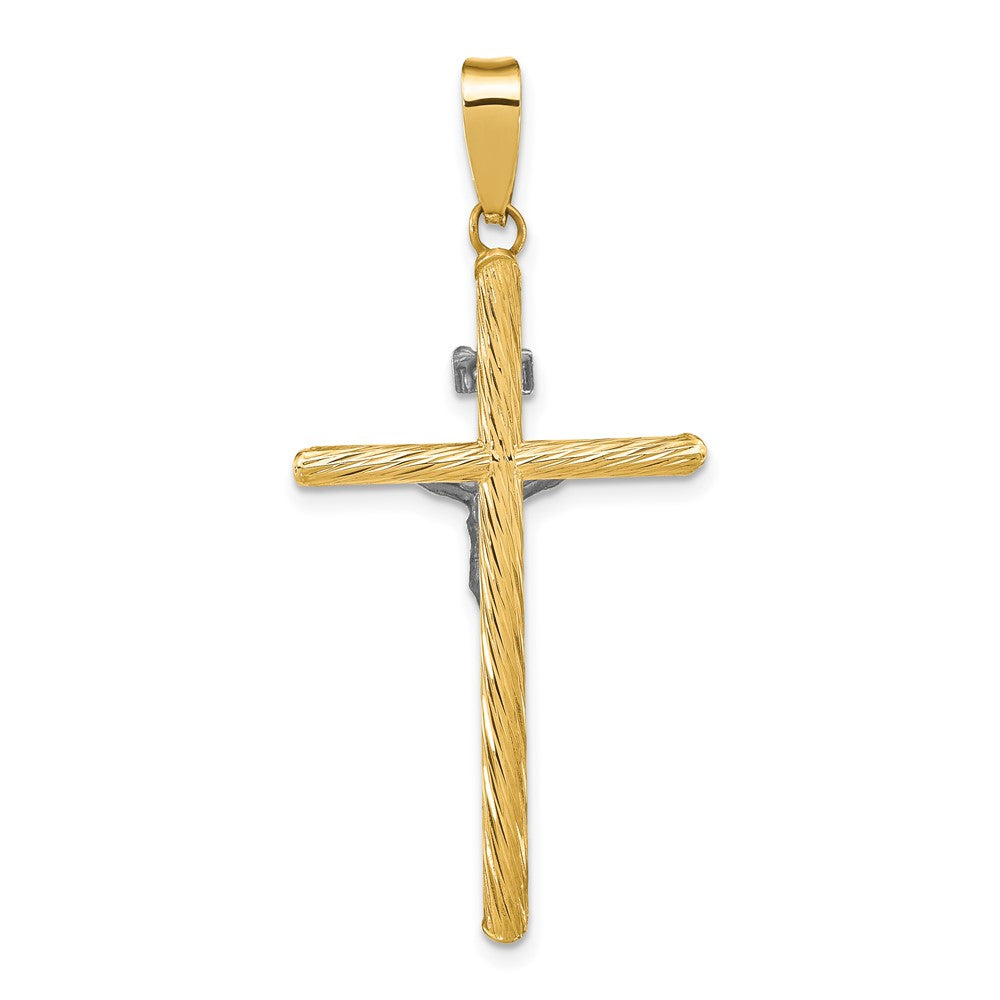 14k Yellow & Rhodium 21.9 mm w/White Rhod Polished & Textured INRI Crucifix Cross Pendant (1.75 grams)