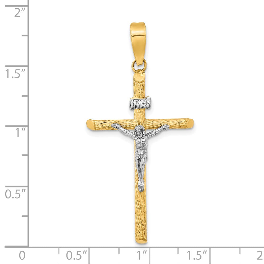 14k Yellow & Rhodium 21.9 mm w/White Rhod Polished & Textured INRI Crucifix Cross Pendant (1.75 grams)