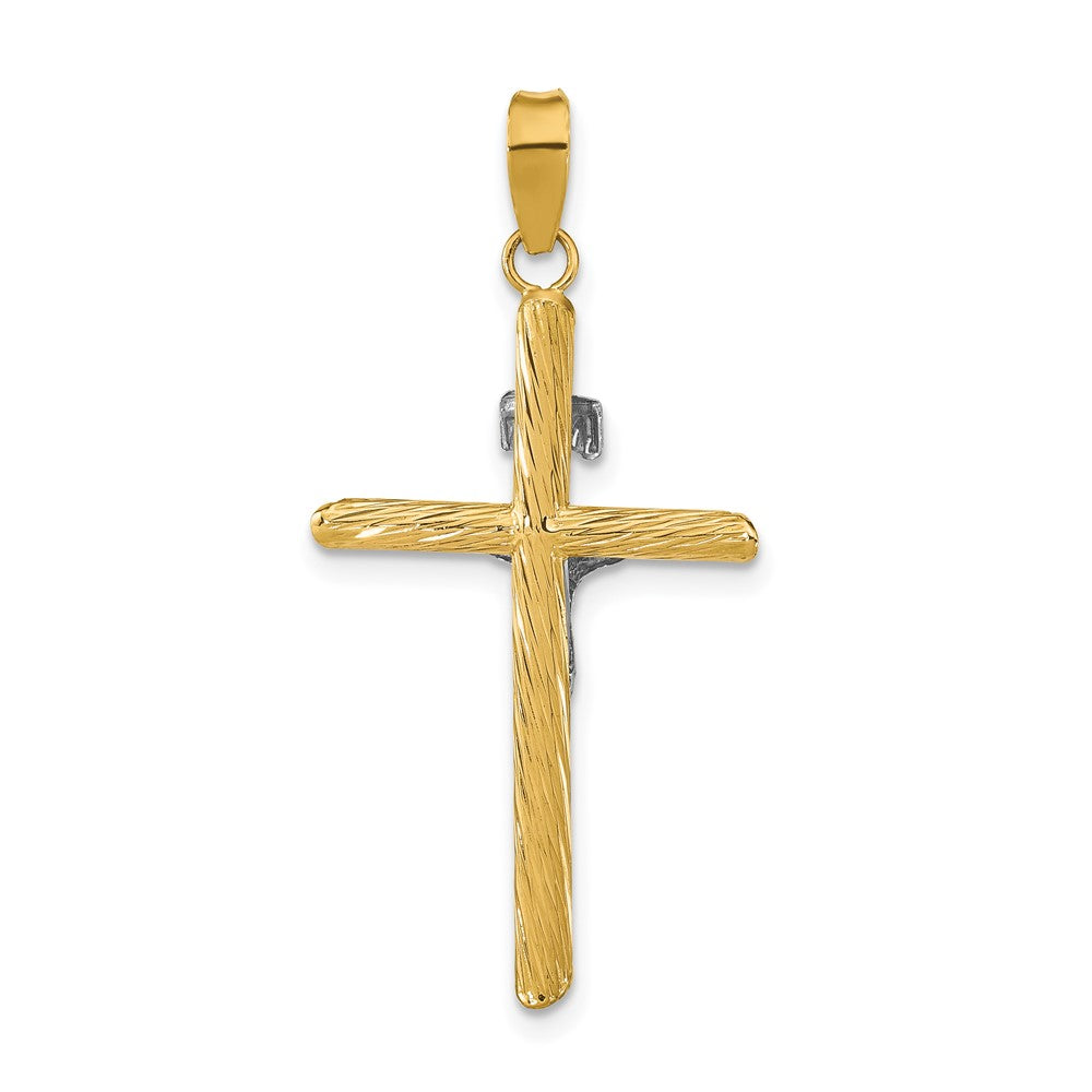 14k Yellow & Rhodium 18.85 mm w/White Rhod Polished & Textured INRI Crucifix Cross Pendant (1.38 grams)