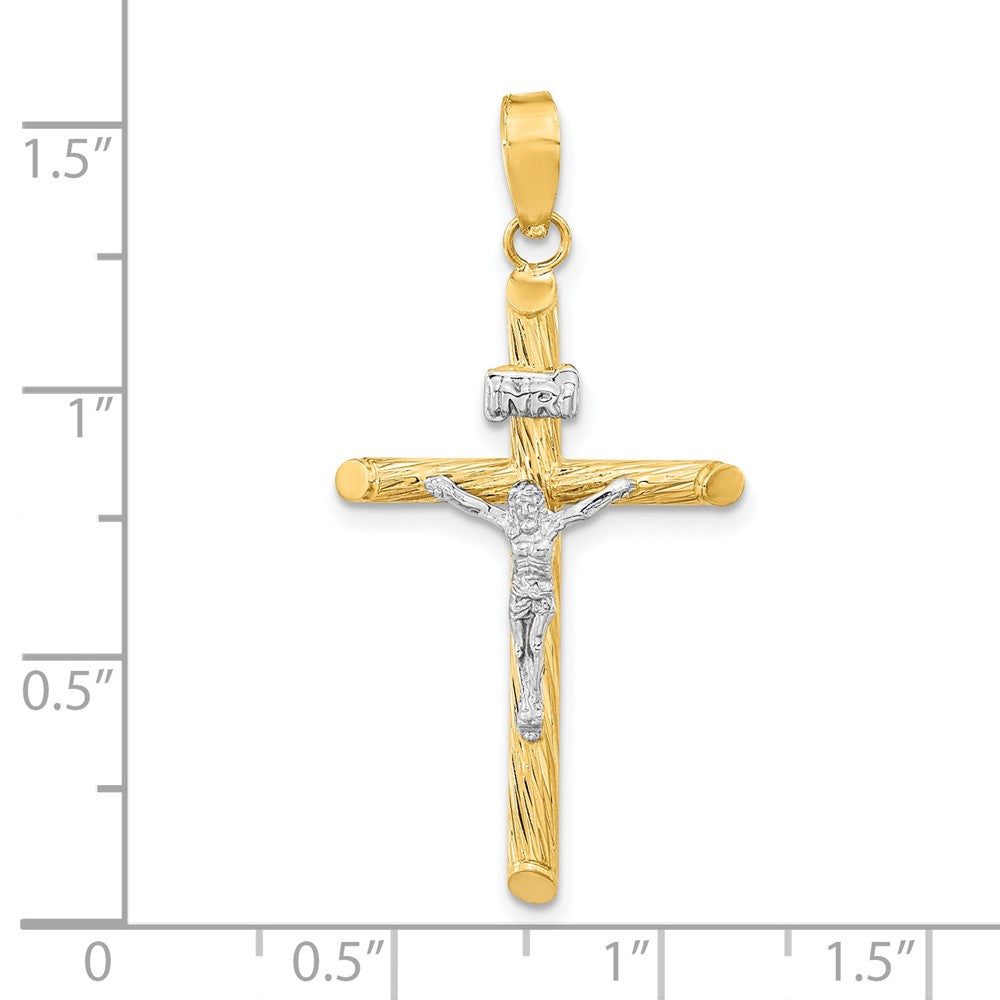 14k Yellow & Rhodium 18.85 mm w/White Rhod Polished & Textured INRI Crucifix Cross Pendant (1.38 grams)