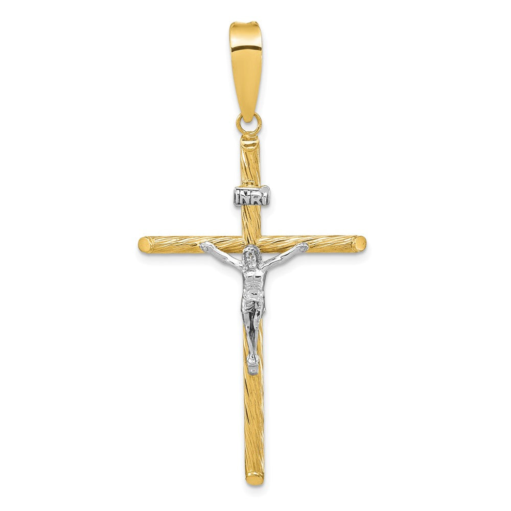 14k Yellow & Rhodium 27.8 mm w/White Rhod Polished & Textured INRI Crucifix Cross Pendant (1.77 grams)