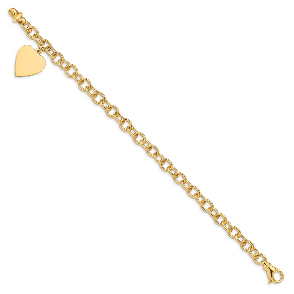 14k Yellow Gold 17 mm in Polished Engraveable Link with Heart Charm Bracelet