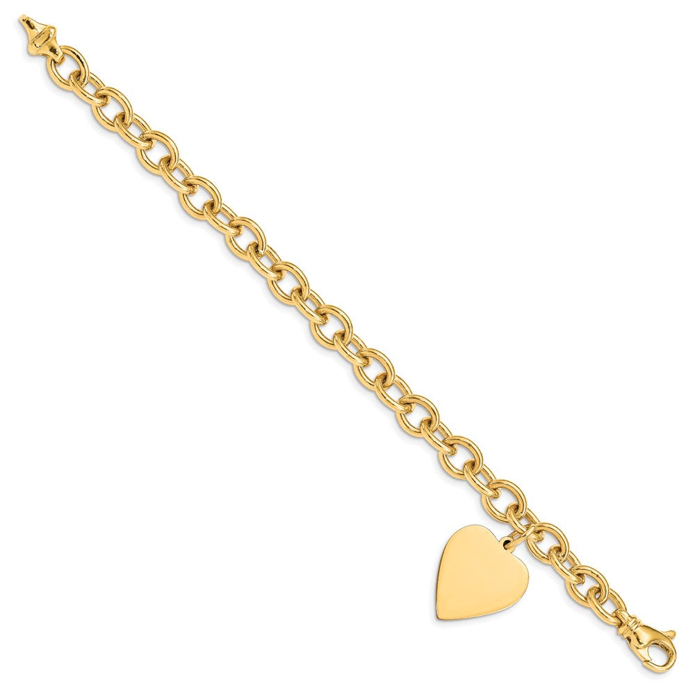 14k Yellow Gold 19 mm in Polished Engraveable Link with Heart Charm Bracelet