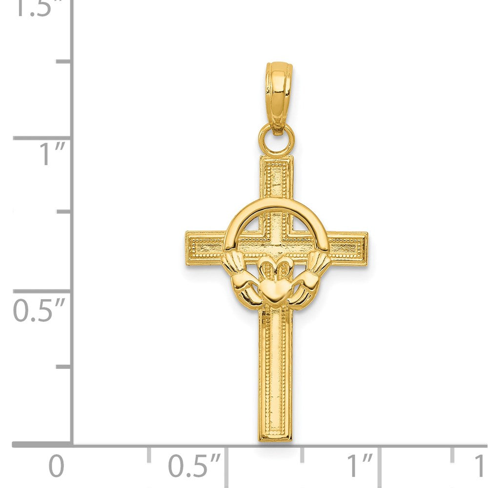 14k Yellow Gold 16 mm Polished Claddagh Cross Pendant (1.16 grams)