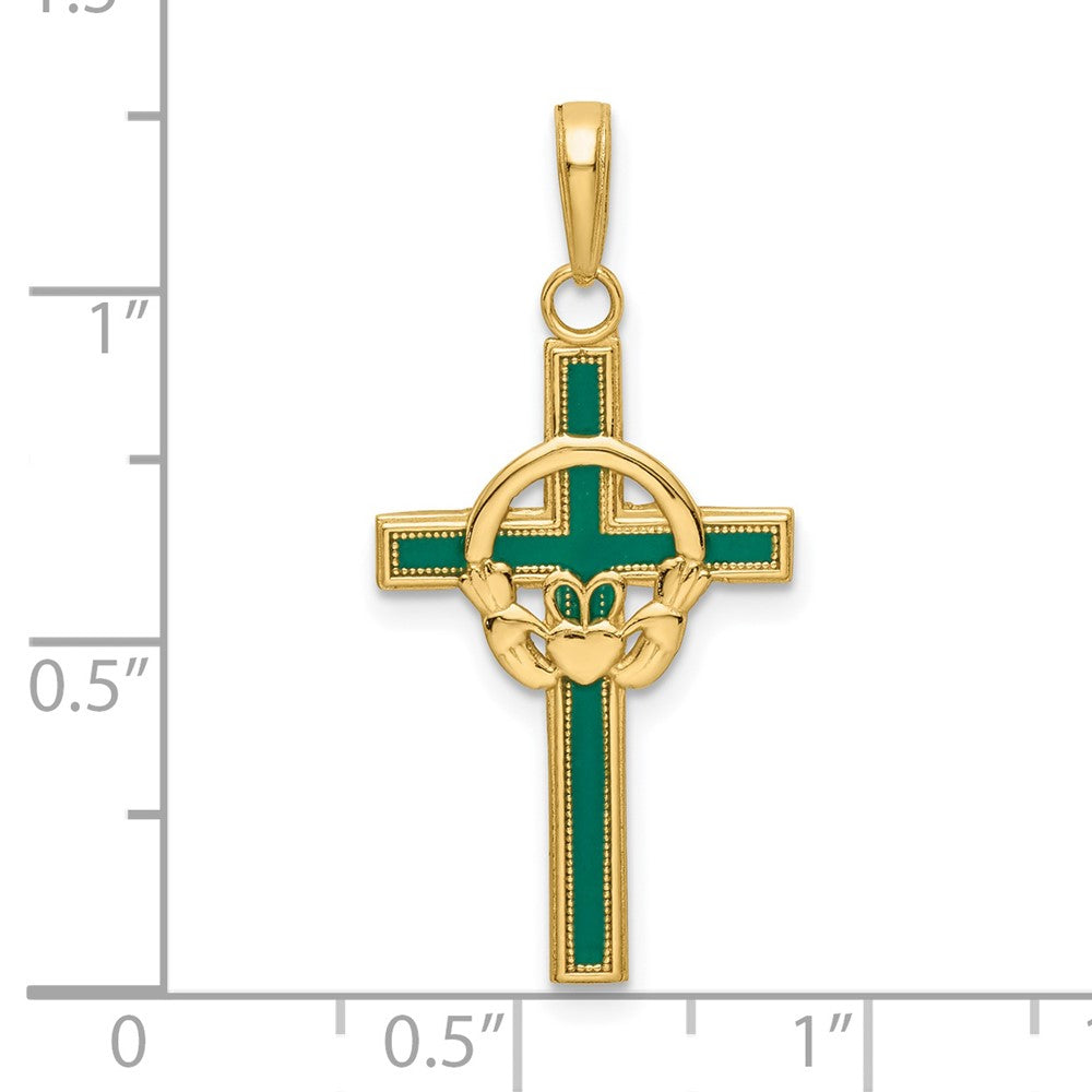 14k Yellow Gold 15.16 mm Green Enameled Claddagh Cross Pendant (1.17 grams)