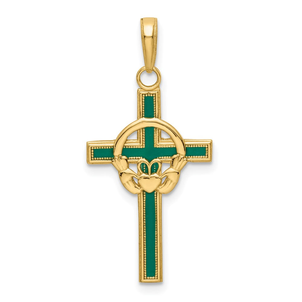 14k Yellow Gold 15.16 mm Green Enameled Claddagh Cross Pendant