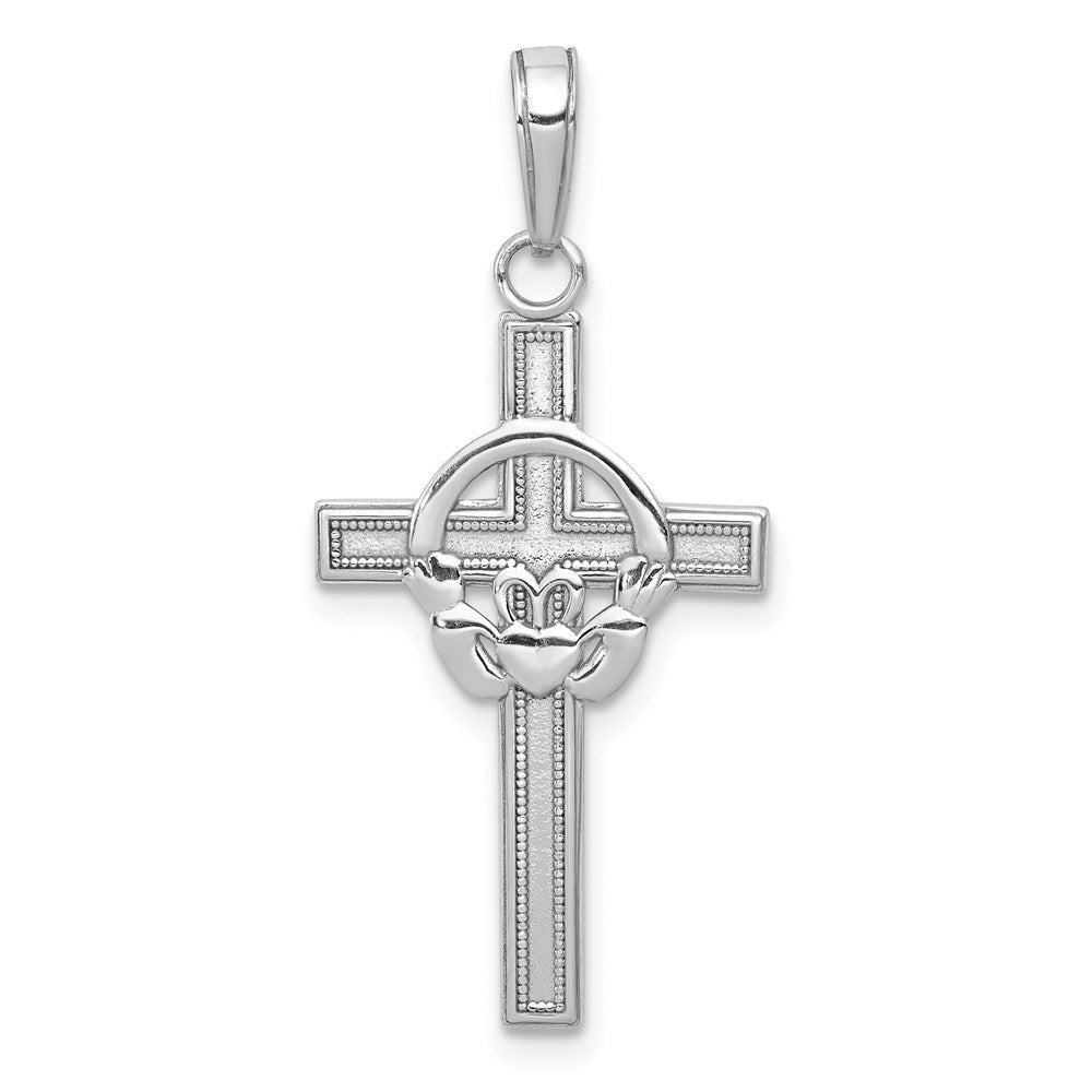 14k White Gold 16 mm Polished Claddagh Cross Pendant (1.1 grams)