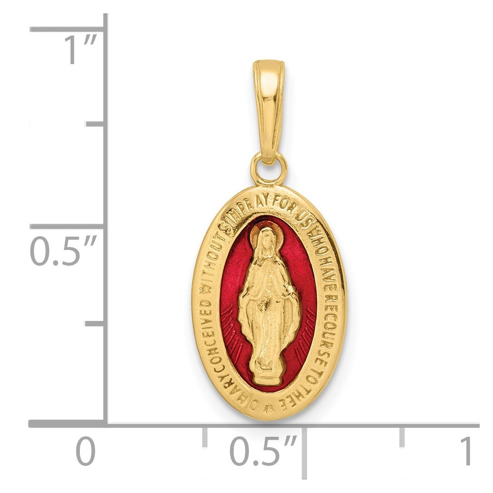 14k Yellow Gold 10.25 mm Red Enameled Miraculous Medal Pendant (1.67 grams)