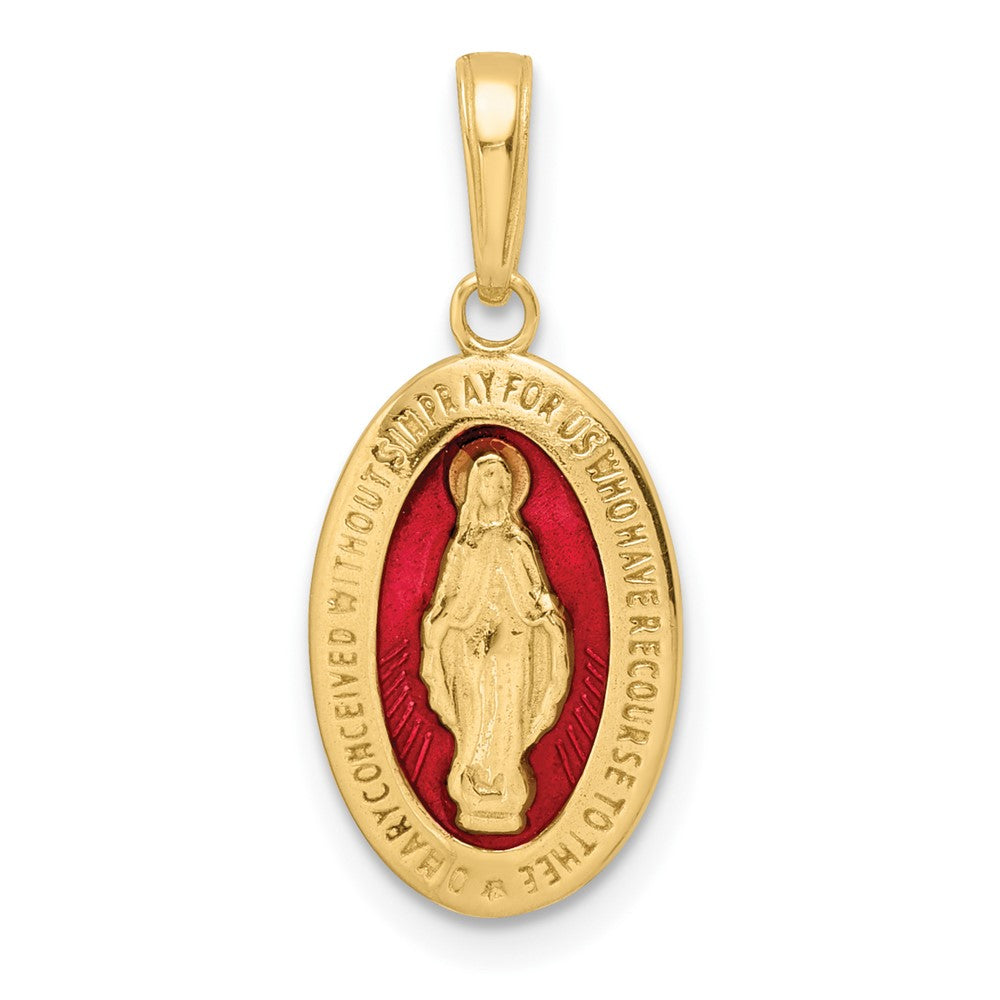 14k Yellow Gold 10.25 mm Red Enameled Miraculous Medal Pendant (1.67 grams)