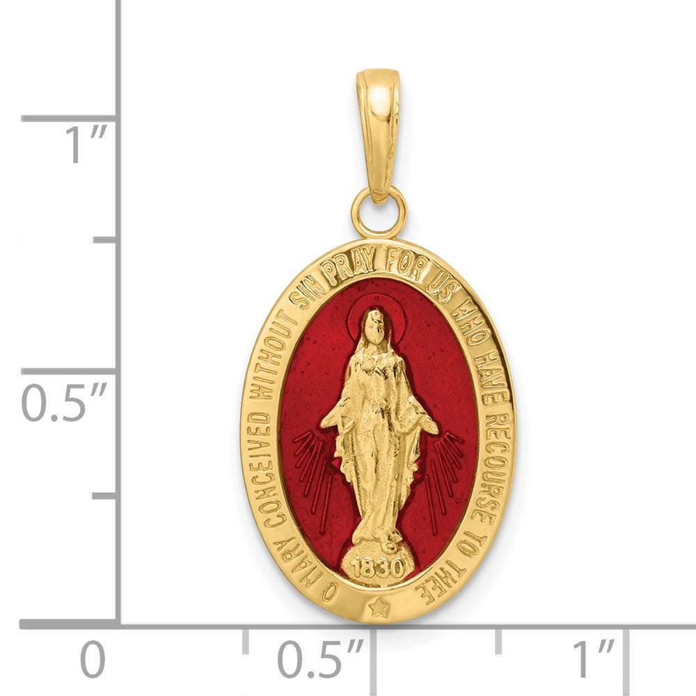 14k Yellow Gold 14.22 mm Red Enameled Miraculous Medal Pendant (2.05 grams)