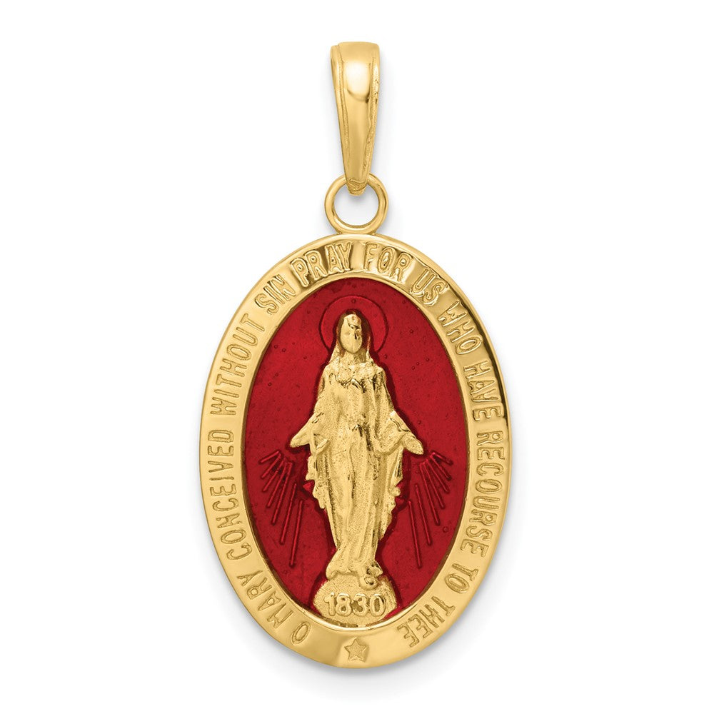 14k Yellow Gold 14.22 mm Red Enameled Miraculous Medal Pendant (2.05 grams)