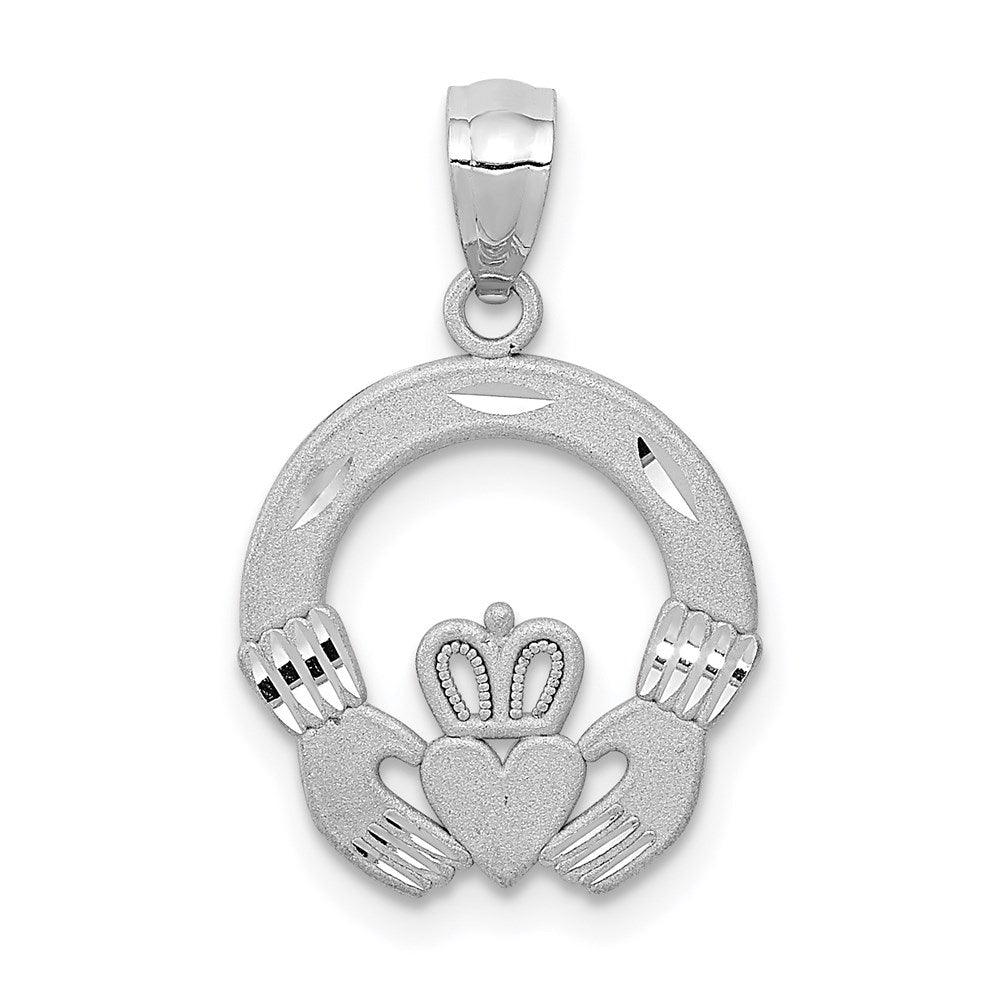 14k White Gold 14 mm Solid D/C Claddagh Pendant