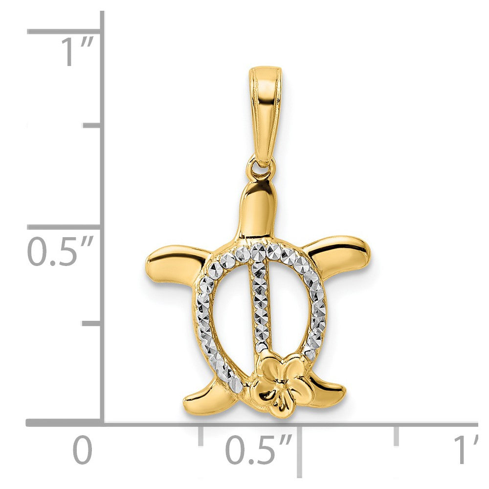 14k Yellow & Rhodium 14 mm  Diamond-cut Turtle w/ Flower Pendant (1.7 grams)