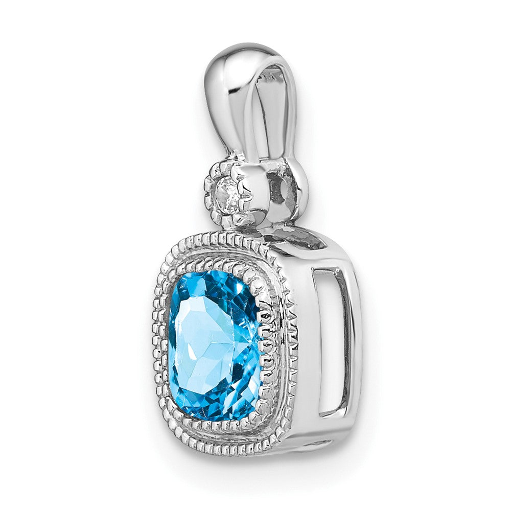 14k White Gold Cushion Blue Topaz and Diamond Pendant (1.3 grams)