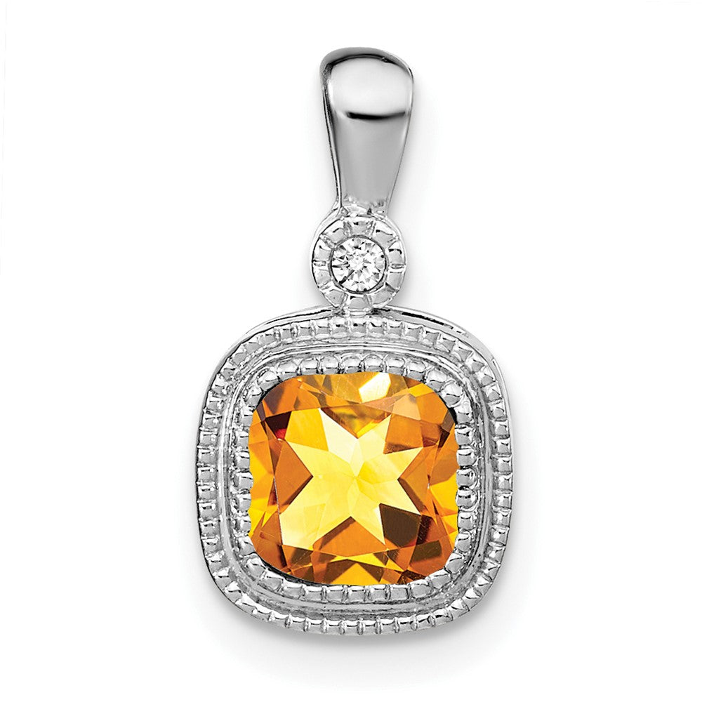 14k White Gold Cushion Citrine and Diamond Pendant (1.3 grams)