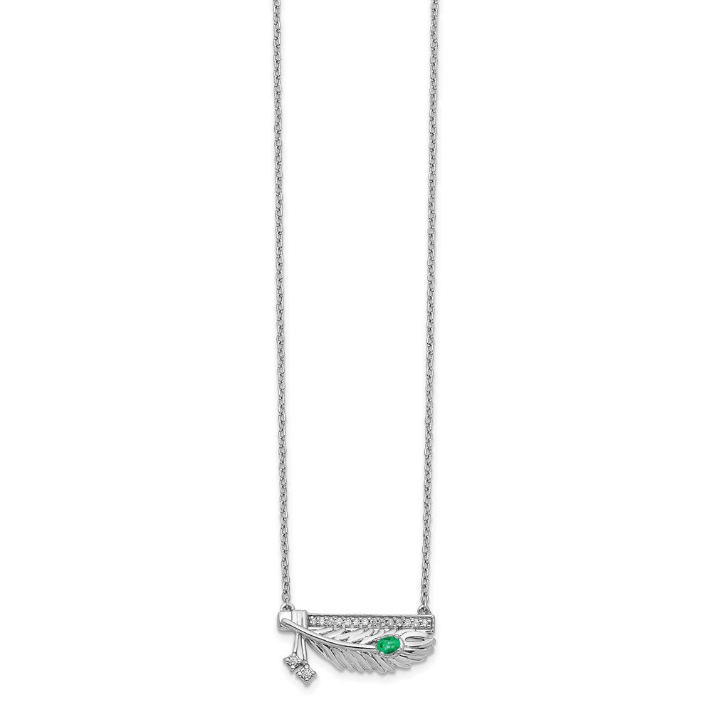 14k White Gold 20 mm Diamond Bar w/Emerald Feather inch Necklace