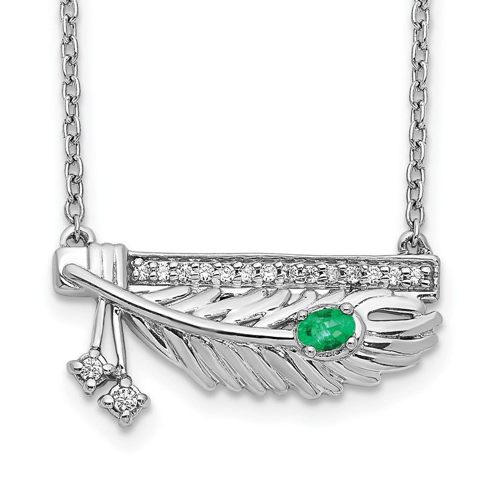 14k White Gold 20 mm Diamond Bar w/Emerald Feather inch Necklace