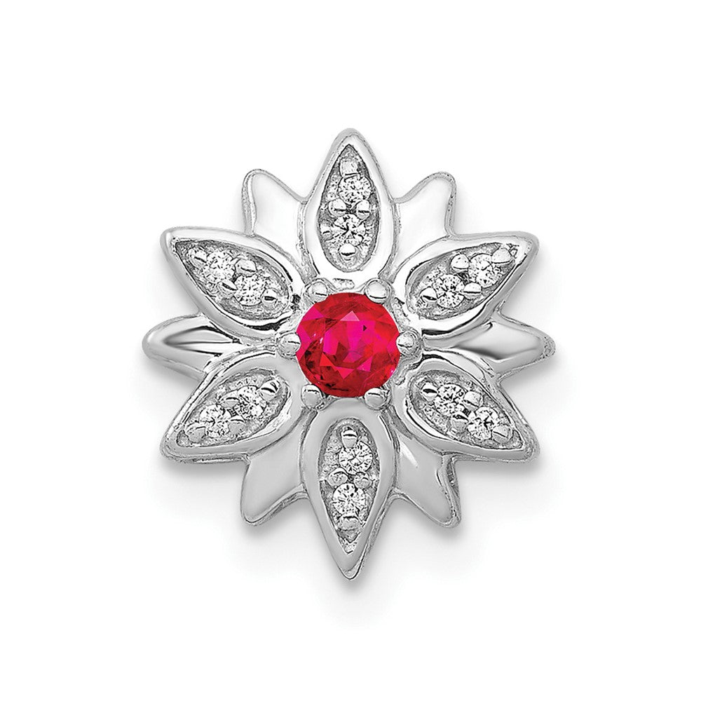14k White Gold 1/20ct. Diamond and Ruby Flower Chain Slide (1.1 grams)