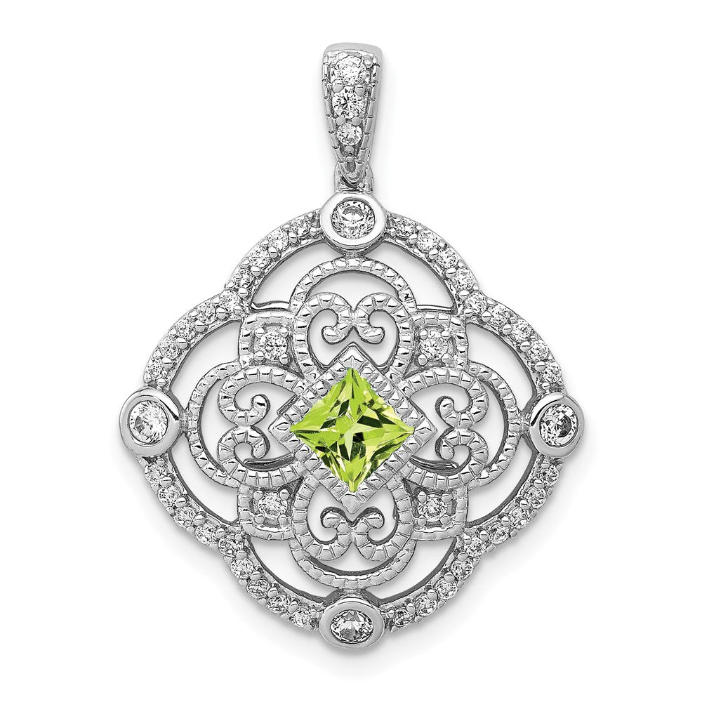 14k White Gold Diamond and .40 Peridot Fancy Filigree Pendant (3.45 grams)