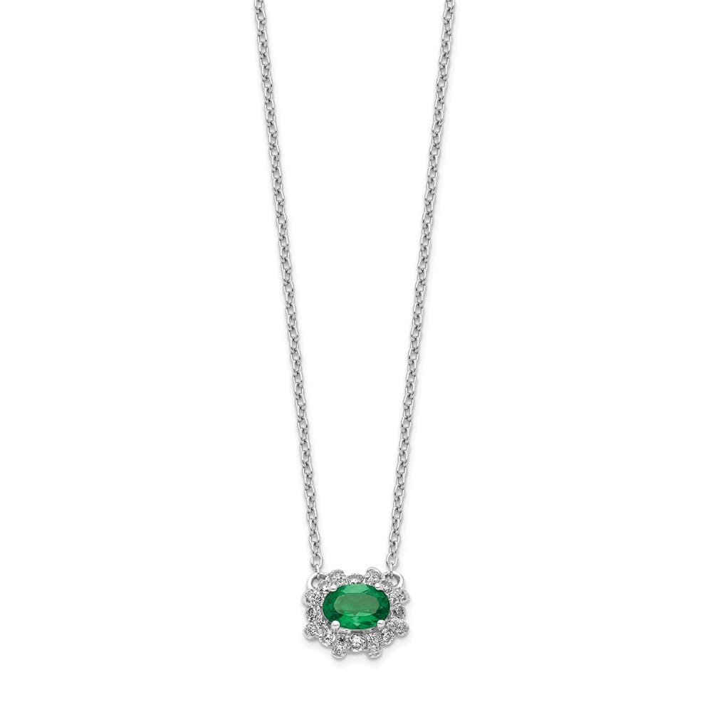 14k White Gold 11 mm Diamond and Oval Emerald inch Necklace