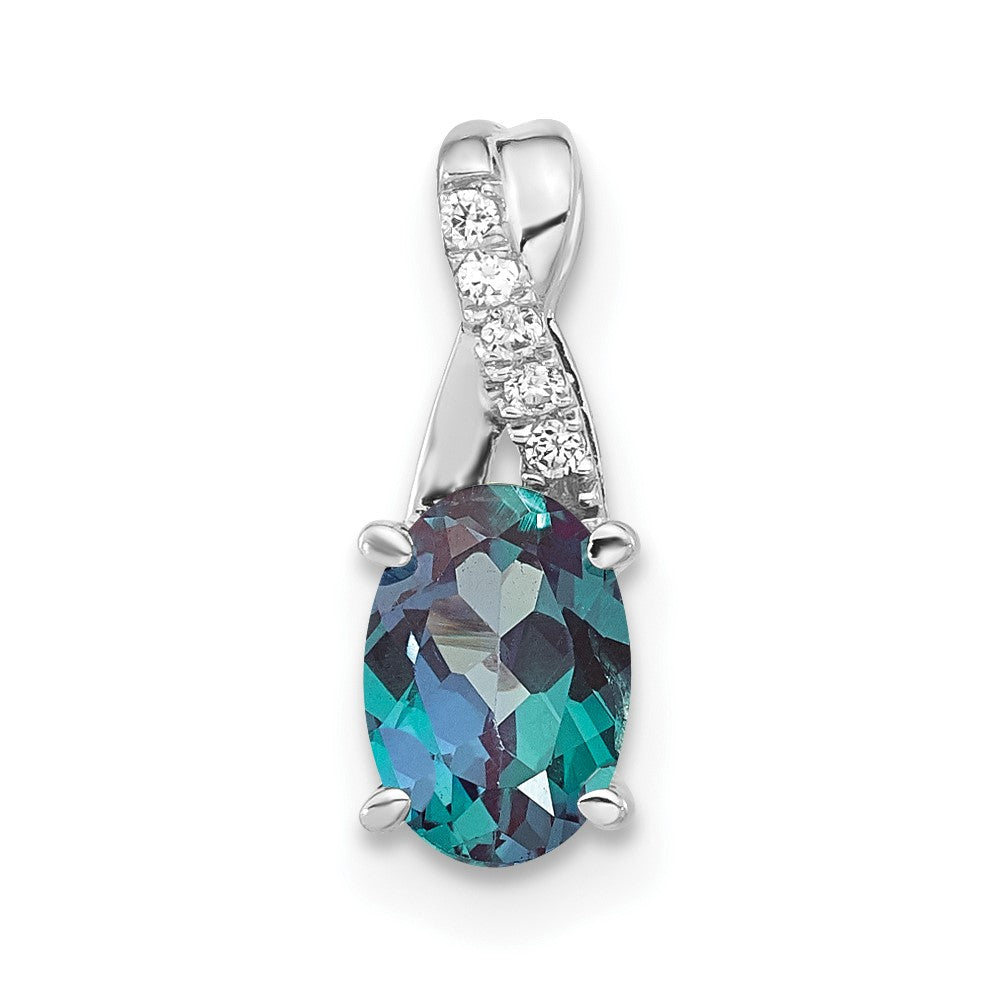 14K White Gold Oval Created Alexandrite and Diamond Pendant (0.75 grams)