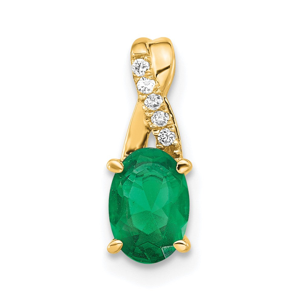 14K Oval Created Emerald and Diamond Pendant (0.75 grams)