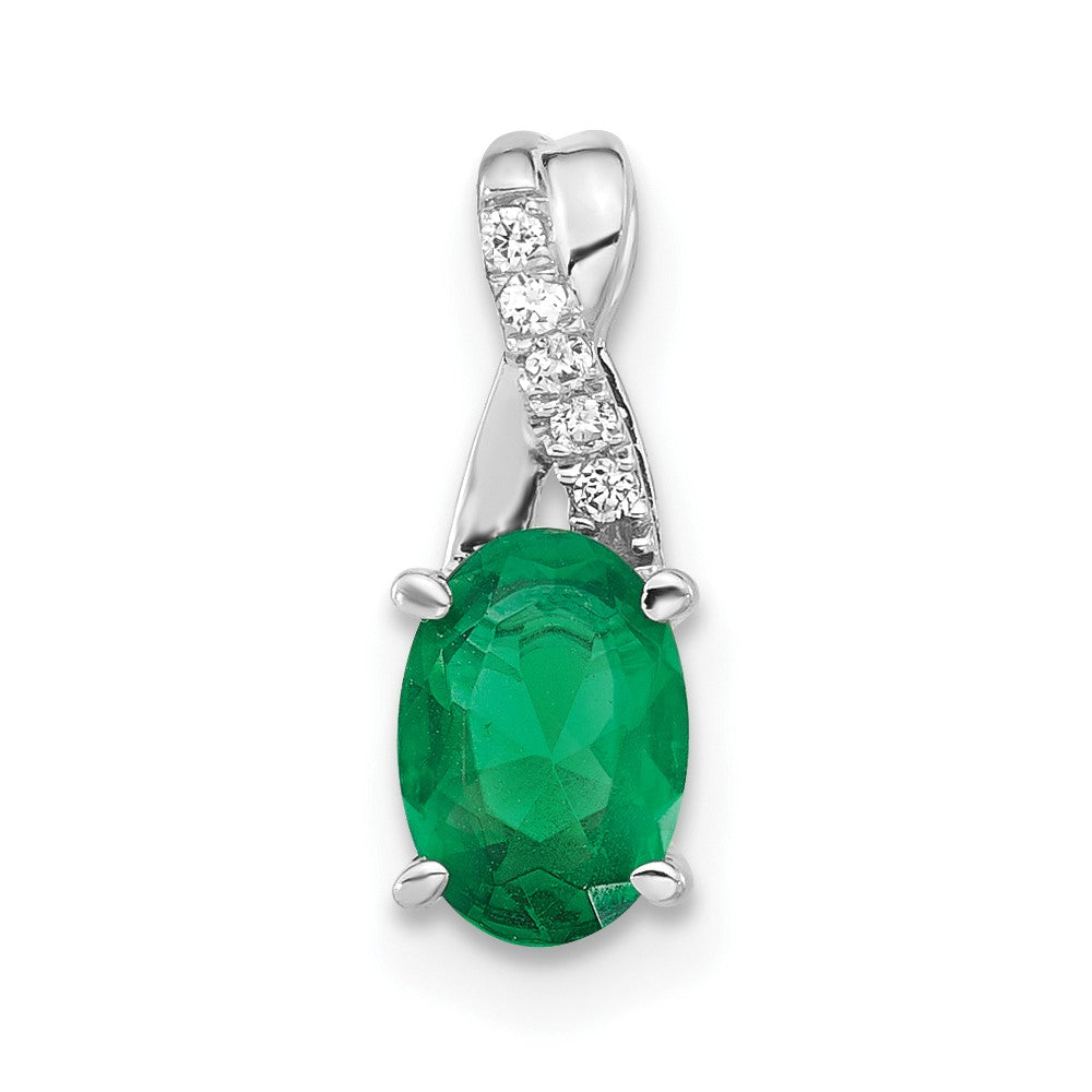 14K White Gold Oval Created Emerald and Diamond Pendant (0.75 grams)
