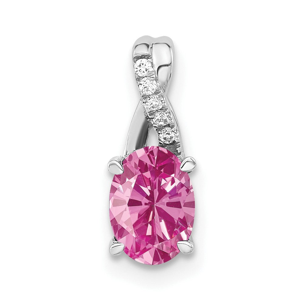 14K White Gold Oval Created Pink Sapphire and Diamond Pendant (0.75 grams)