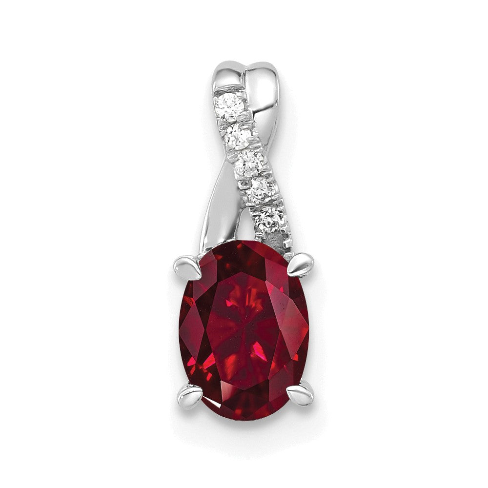 14K White Gold Oval Created Ruby and Diamond Pendant (0.75 grams)