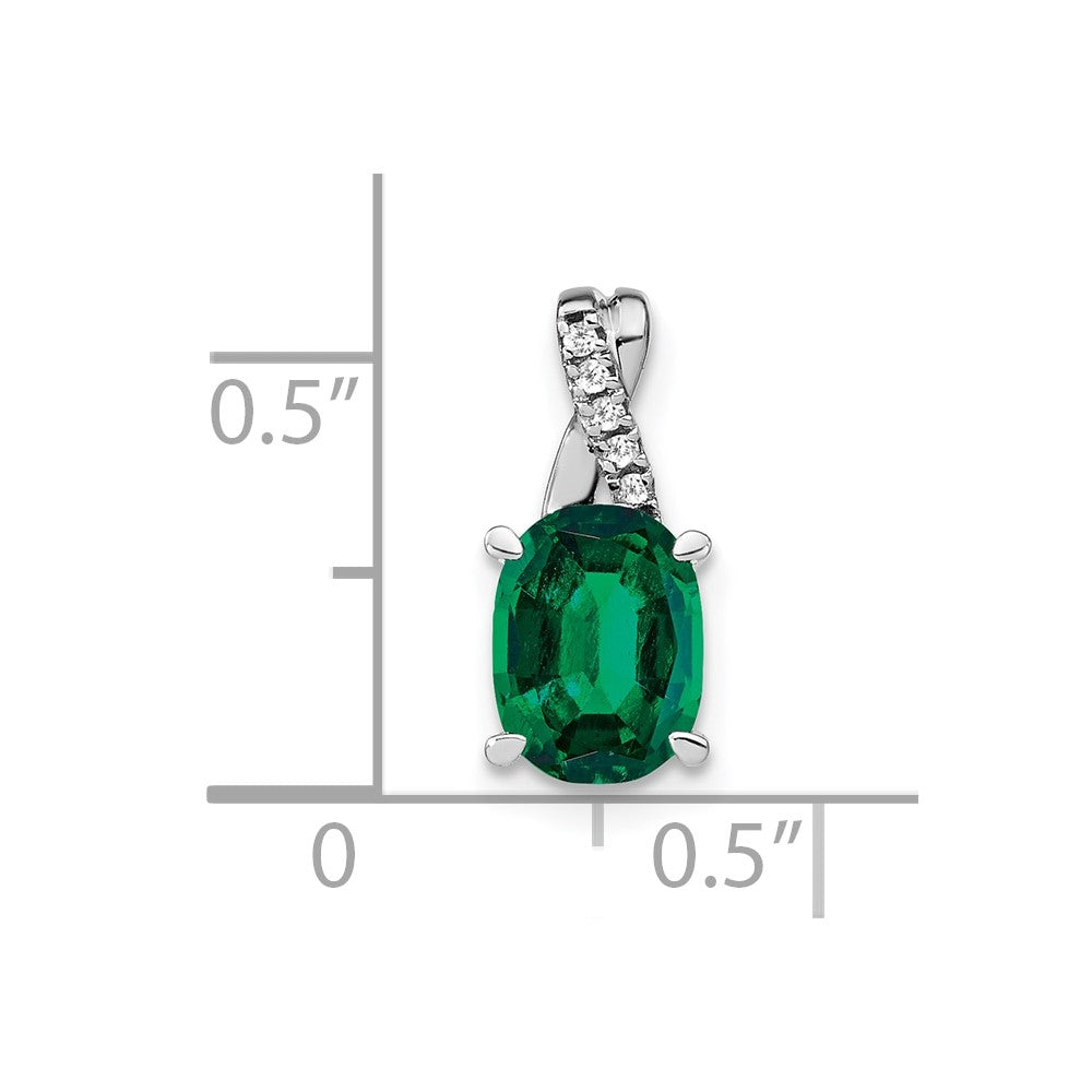 14k White Gold Oval Created Emerald and Diamond Pendant (0.75 grams)