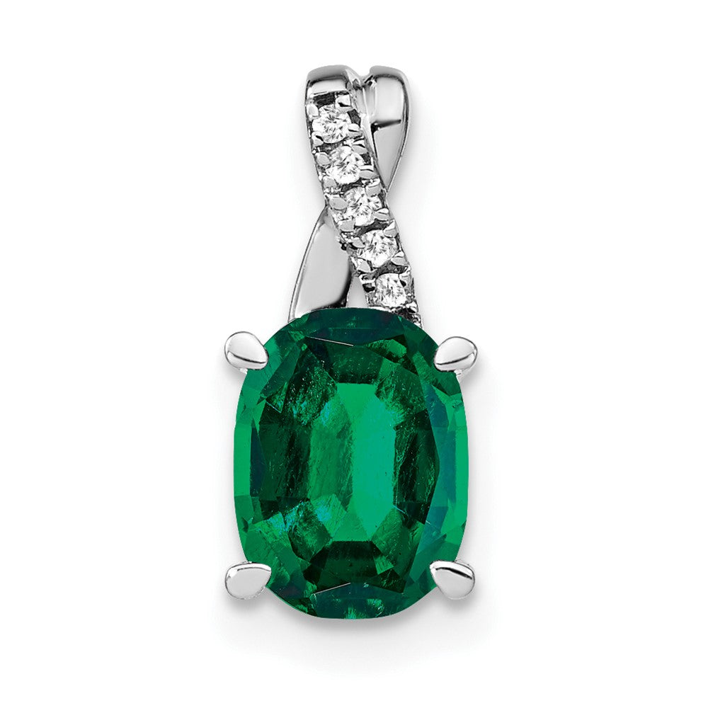 14k White Gold Oval Created Emerald and Diamond Pendant (0.75 grams)