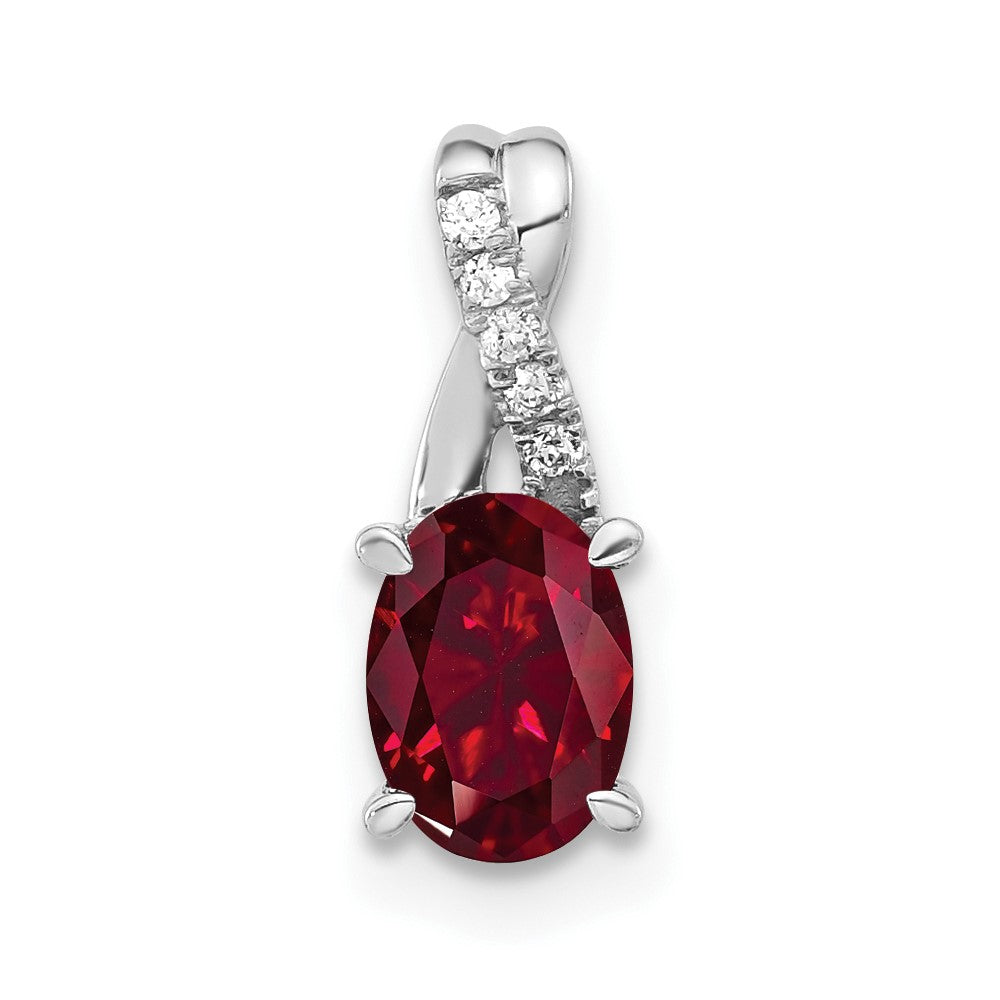 14k White Gold Oval Created Ruby and Diamond Pendant (0.75 grams)