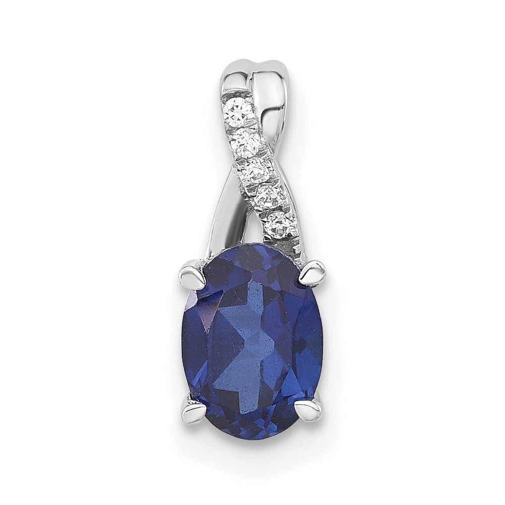 14k White Gold Oval Created Sapphire and Diamond Pendant (0.75 grams)