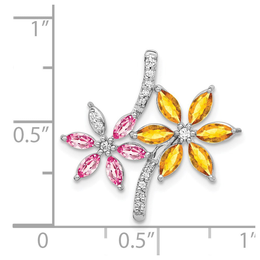 14k White Gold Diamond and 2.20 Citrine/Pink Tourmaline Flower Pendant (1.8 grams)