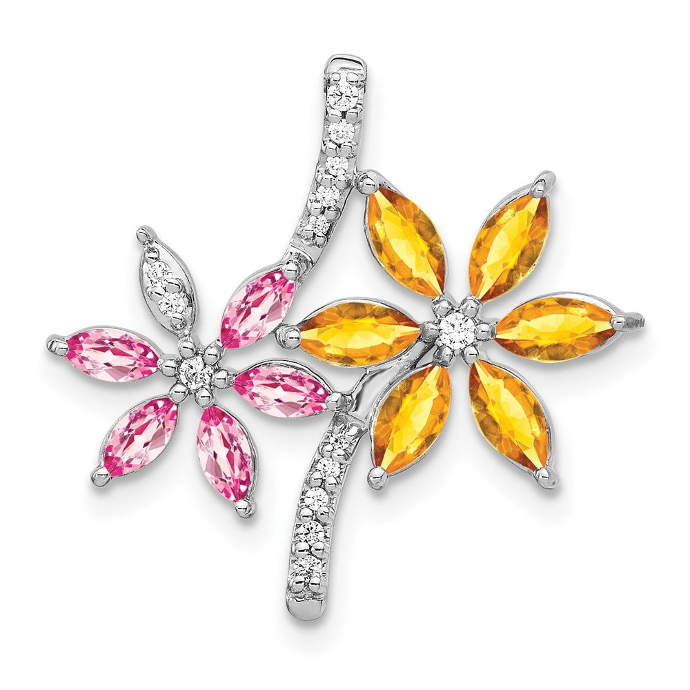 14k White Gold Diamond and 2.20 Citrine/Pink Tourmaline Flower Pendant (1.8 grams)