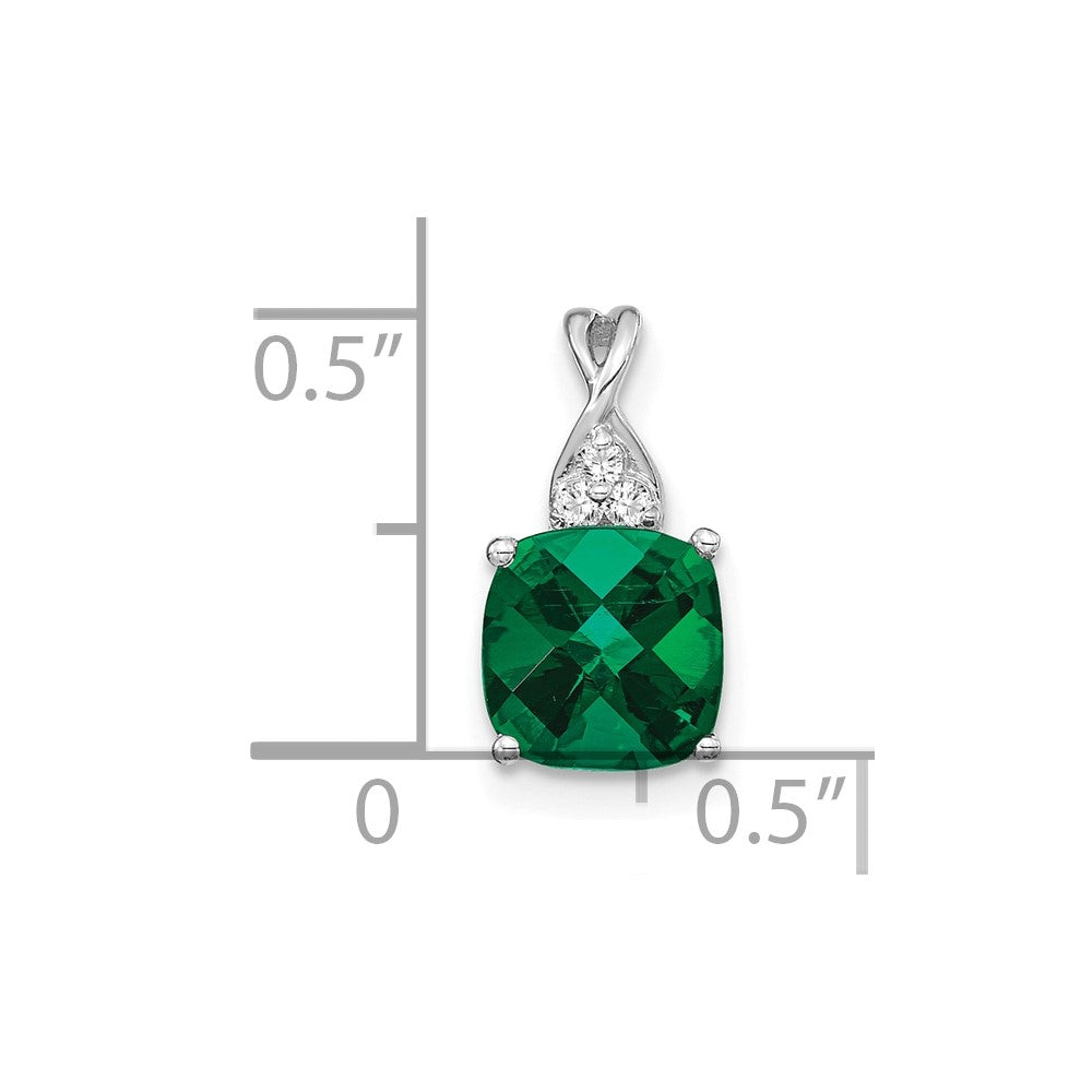 14K White Gold Checkerboard Created Emerald and Diamond Pendant (0.9 grams)