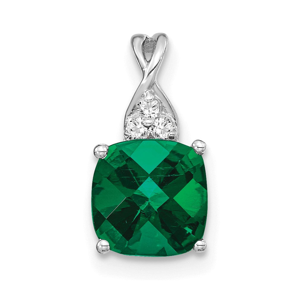 14K White Gold Checkerboard Created Emerald and Diamond Pendant (0.9 grams)