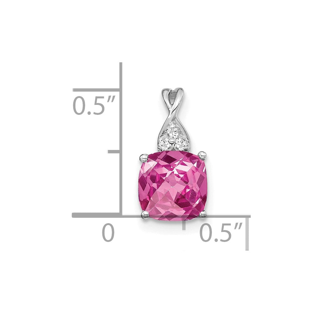 14K White Gold Checkerboard Created Pink Sapphire and Diamond Pendant (0.9 grams)