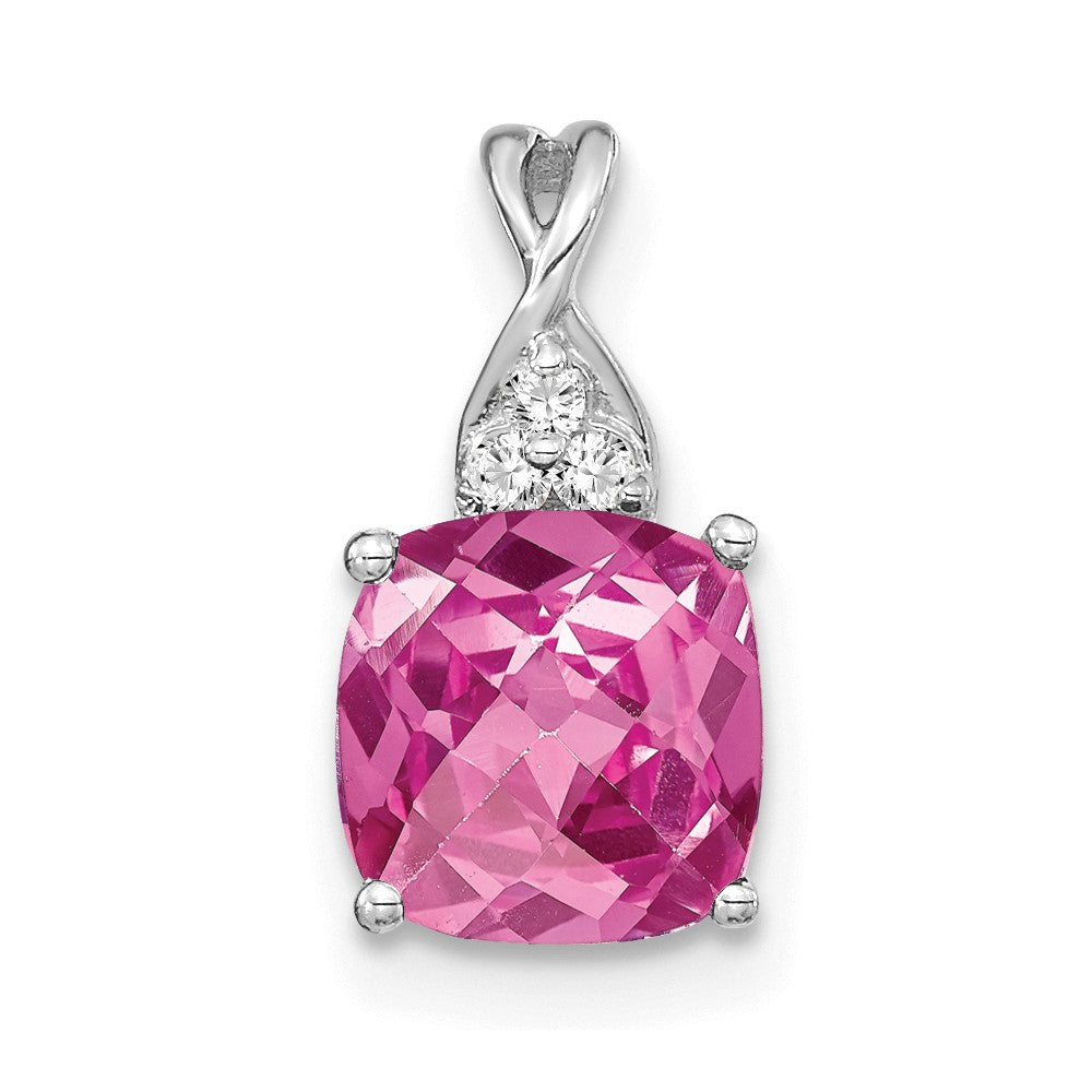 14K White Gold Checkerboard Created Pink Sapphire and Diamond Pendant (0.9 grams)