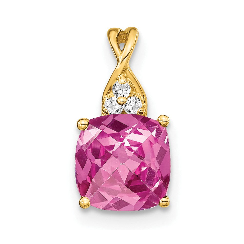 14k Checkerboard Created Pink Sapphire and Diamond Pendant (0.9 grams)