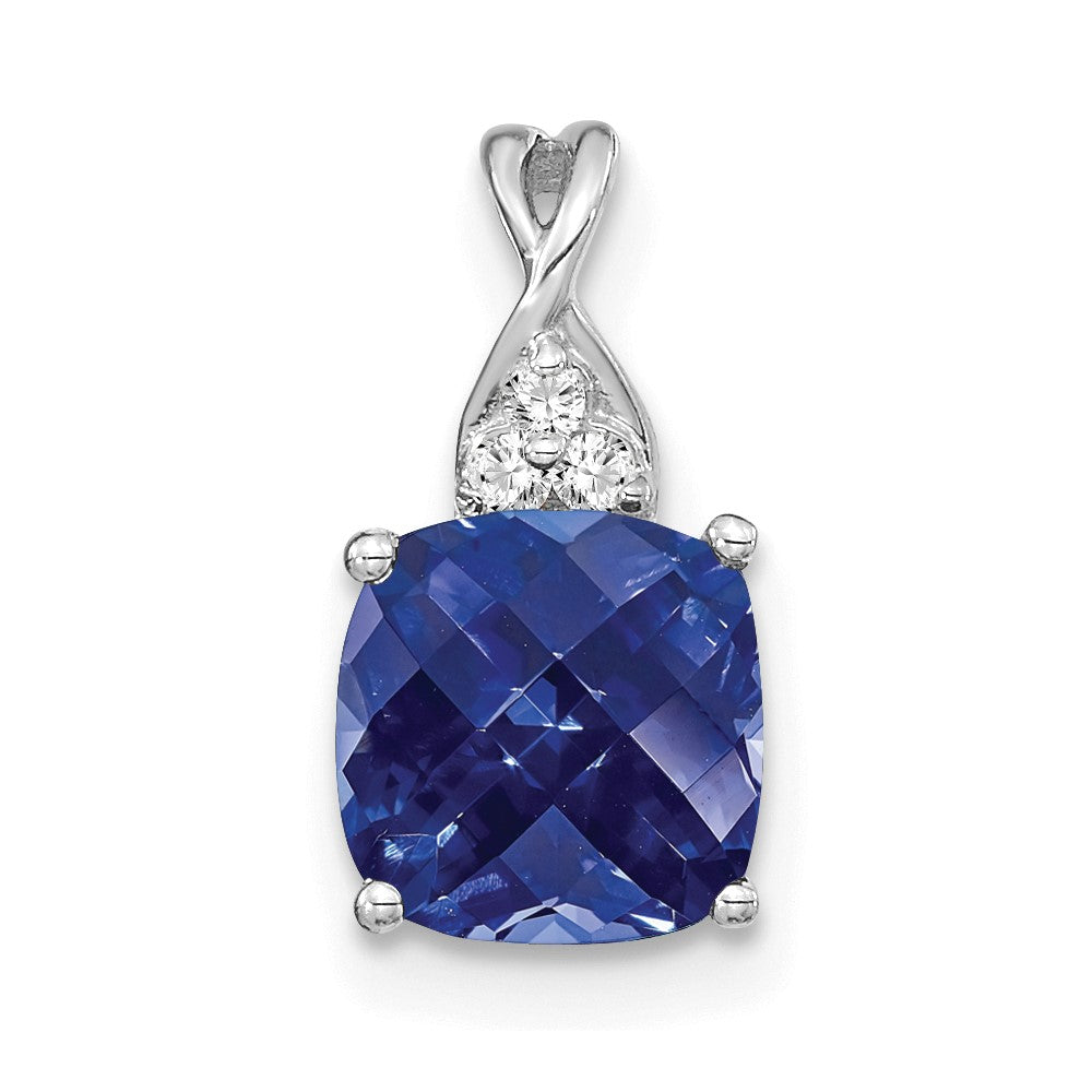14K White Gold Checkerboard Created Sapphire and Diamond Pendant (0.9 grams)