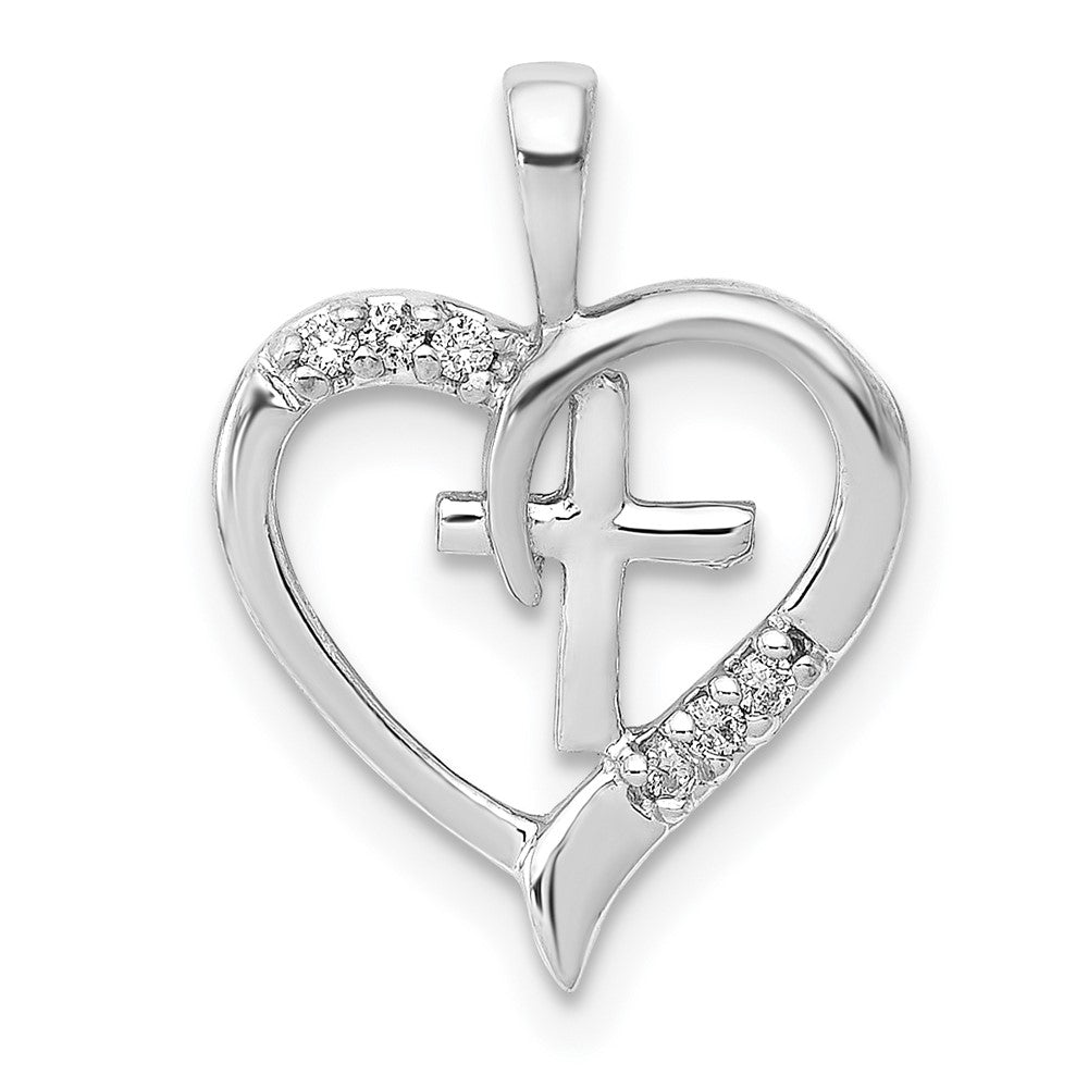 14k White Gold 17 mm AA Diamond Heart Cross Pendant (0.69 grams)