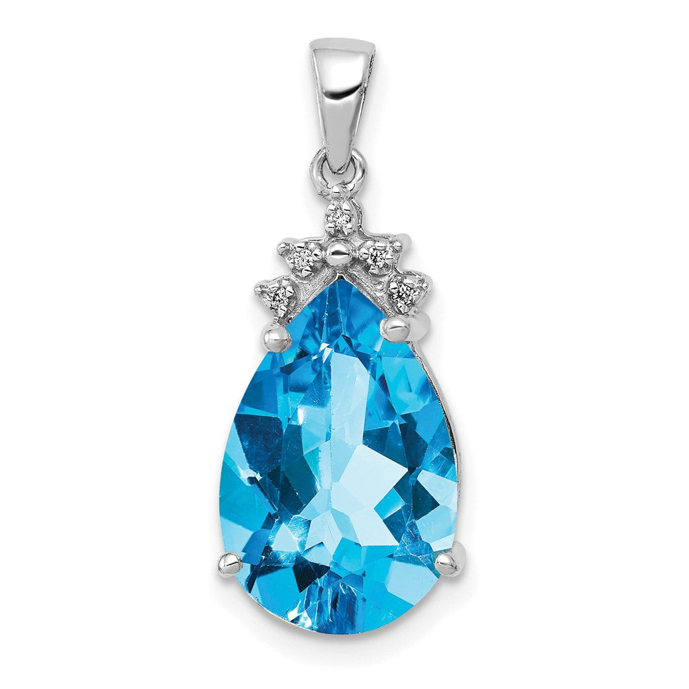 14k White Gold Pear Blue Topaz & Diamond Pendant (1.38 grams)