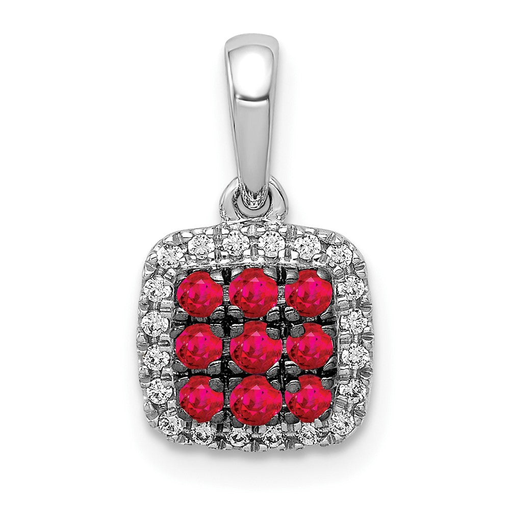 14k White Gold Diamond and .23 Ruby Square Halo Pendant (1.05 grams)