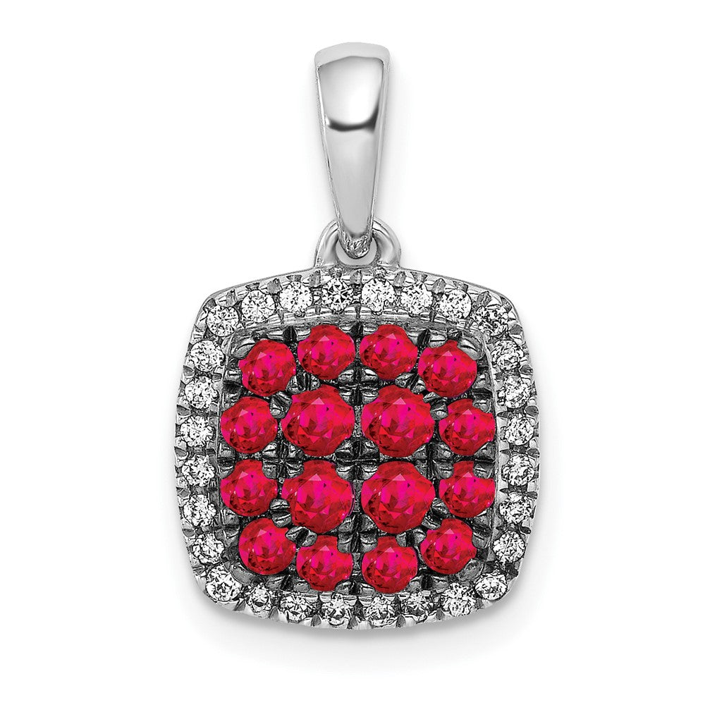 14k White Gold Diamond and Ruby Square Halo Pendant (1.3 grams)