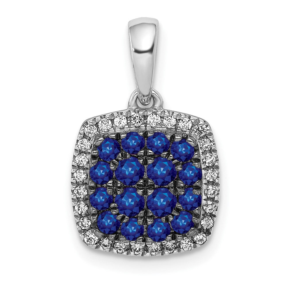 14k White Gold Diamond and Sapphire Square Halo Pendant (1.3 grams)